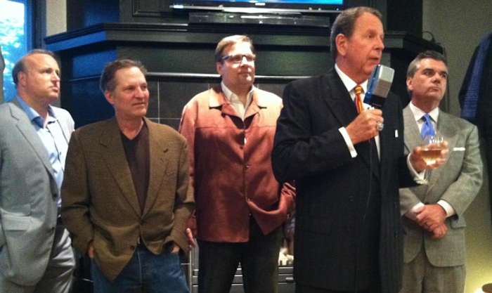 Lynn (second from left) at a Mavs championship party with Jay Lombardo, Donnie Nelson, Bob Ortegel and Mike Fisher